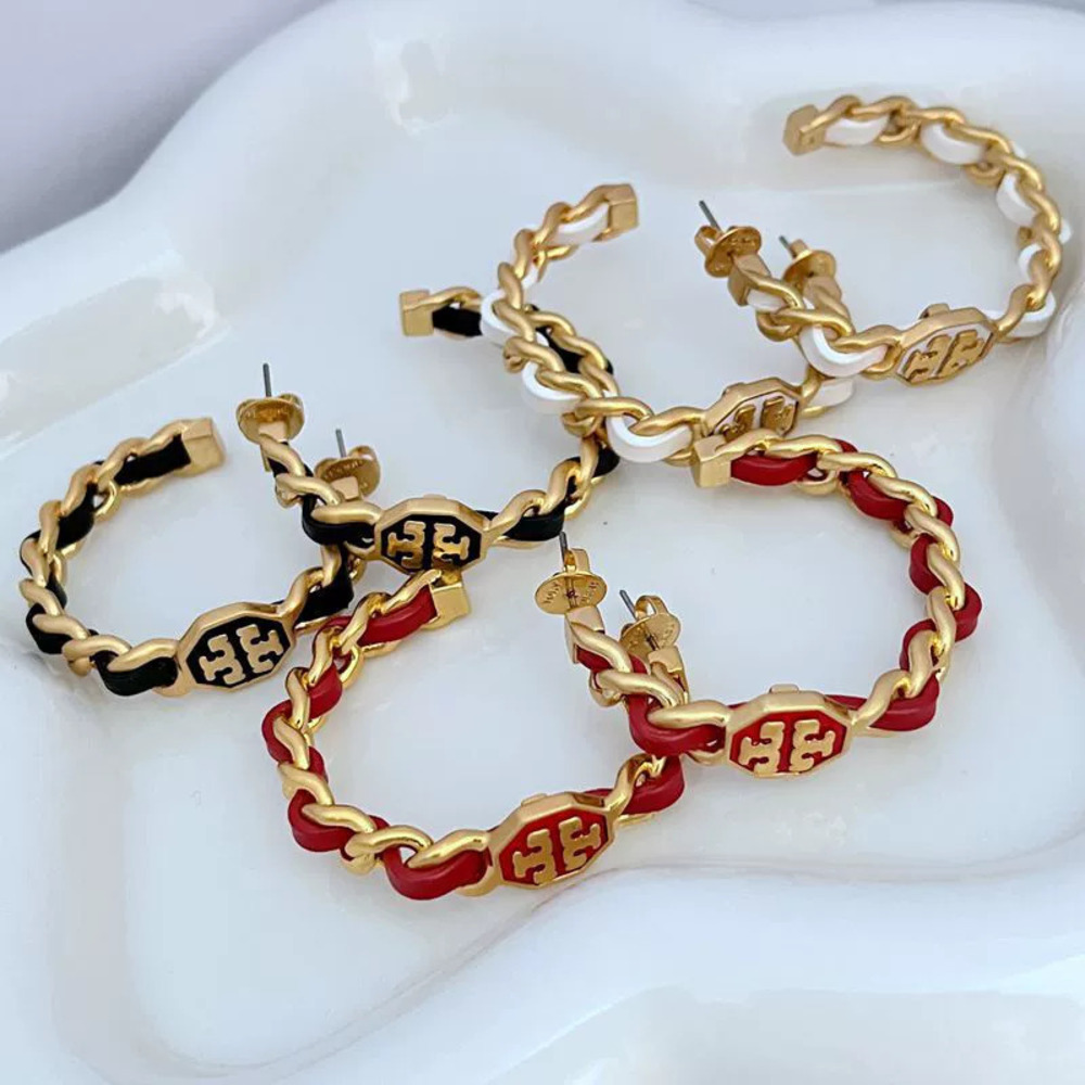 Tory Burch Multicolor Leather Logo Metal Big Earrings